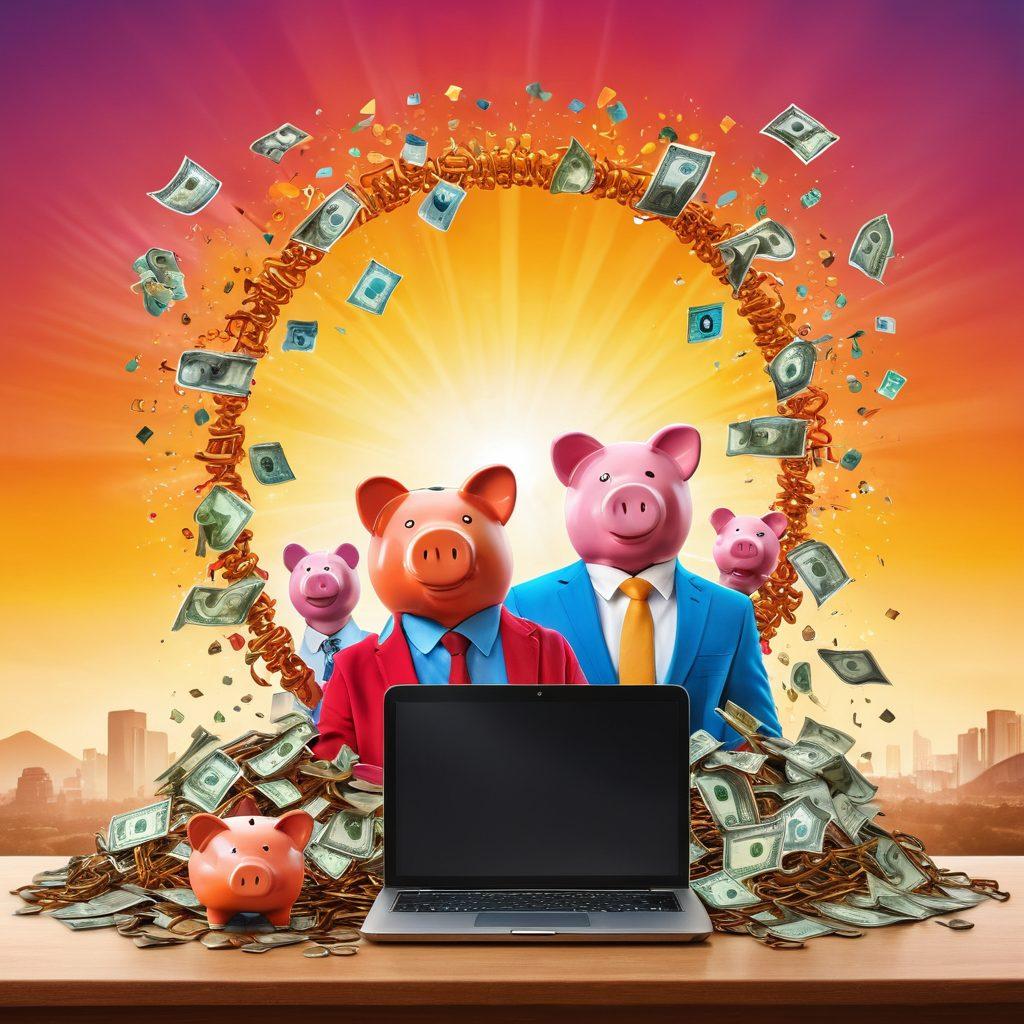 A dynamic scene illustrating a diverse group of people celebrating financial freedom, surrounded by symbols of debt elimination (broken chains, disappearing bills) and wealth creation (colorful growth charts, overflowing piggy banks). The background features a bright sunrise symbolizing new beginnings, with vibrant colors that evoke a sense of hope and positivity. Include elements like a desk with a laptop displaying financial graphs and a chalkboard filled with strategies. super-realistic. vibrant colors. uplifting atmosphere.