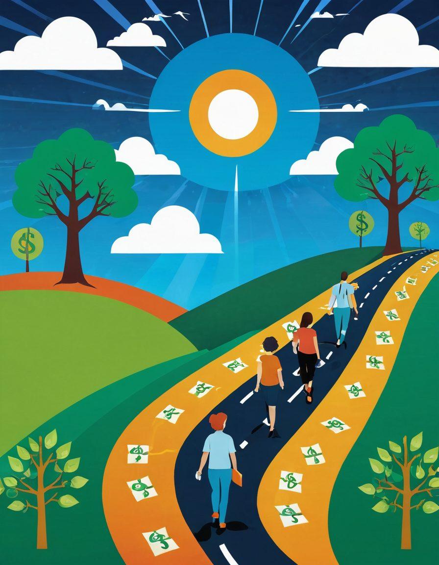 A visually compelling illustration of a diverging path representing 'Debt' leading to a stormy landscape while the 'Prosperity' path leads to a sunny, flourishing utopia filled with money trees and happy people budgeting effectively. Include icons of budgeting tools like calculators and pie charts along the paths. The image should evoke hope and transformation. vibrant colors. vector art.