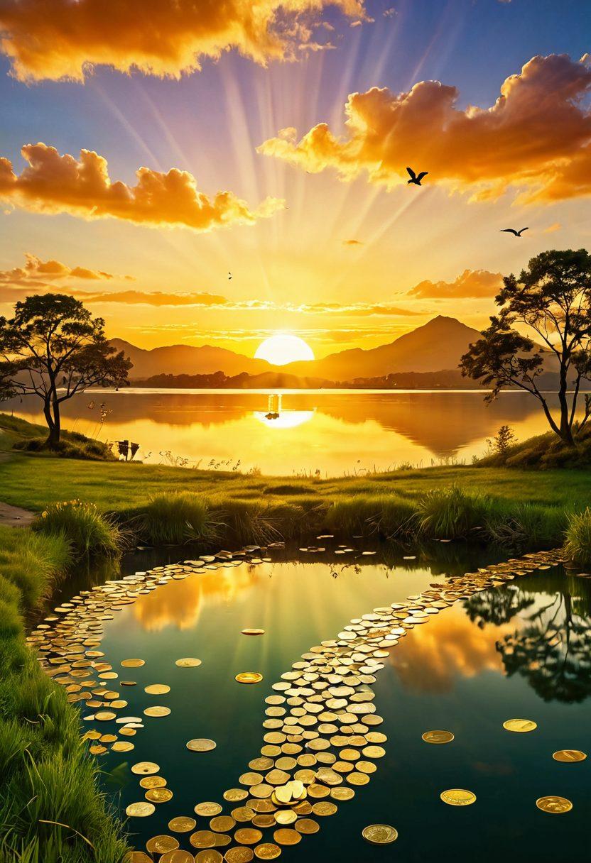 A serene landscape depicting a golden sunrise over a tranquil lake, symbolizing new beginnings in financial independence. In the foreground, a winding path made of money leading towards a lush green horizon, with silhouettes of people happily celebrating their financial freedom. Include elements like a piggy bank and scattered coins to reinforce the theme of wealth. super-realistic. vibrant colors. peaceful atmosphere.
